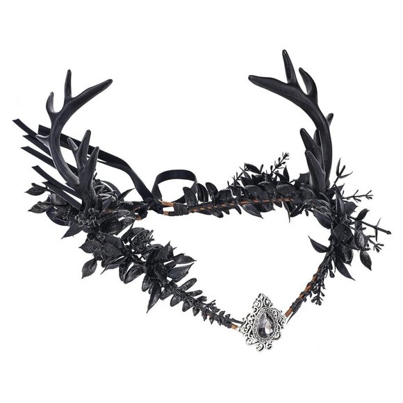 Black Flower Antler Crown Gothic Elf Headpiece Renaissance Faire Accessory main image 5